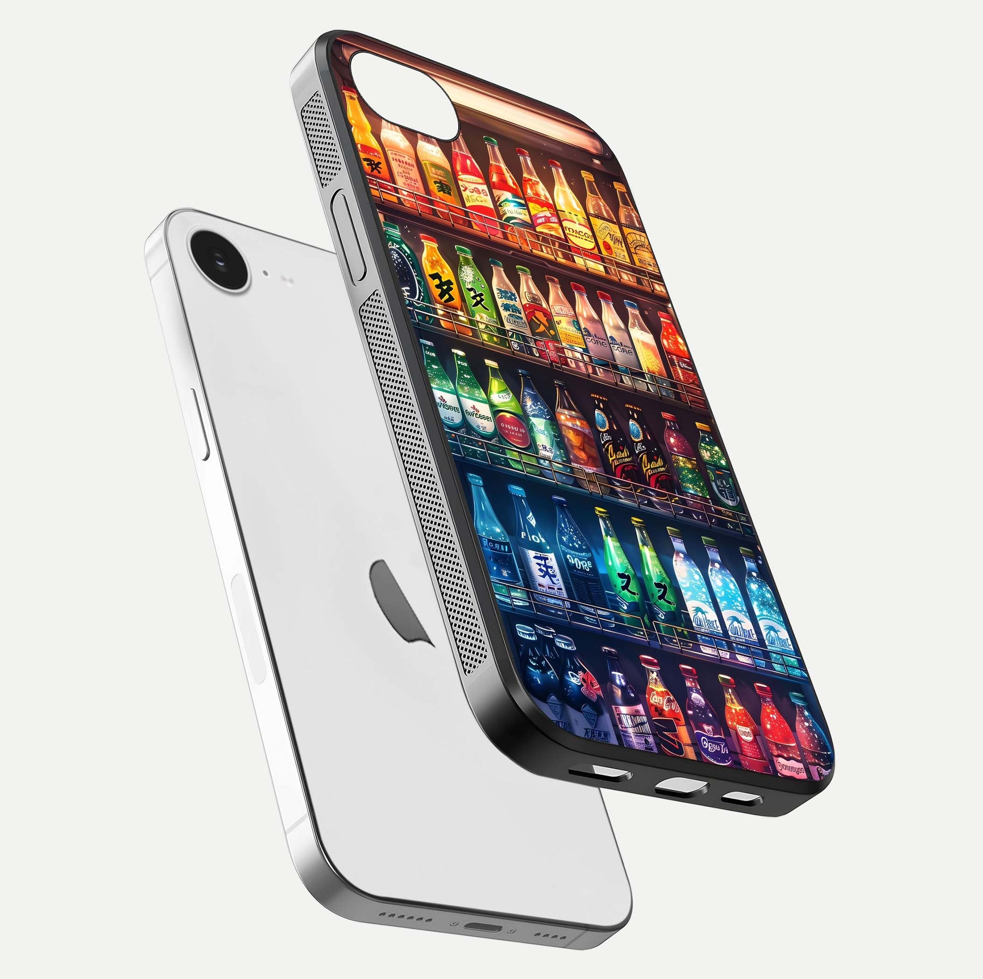 Colorful Soda Bottles Glass Case for iPhone 16e floating mockup showing light reflection and bright gloss