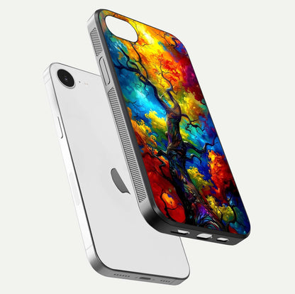 Colorful Tree Glass Case for iPhone 16e floating mockup showing reflection gloss and vivid hues