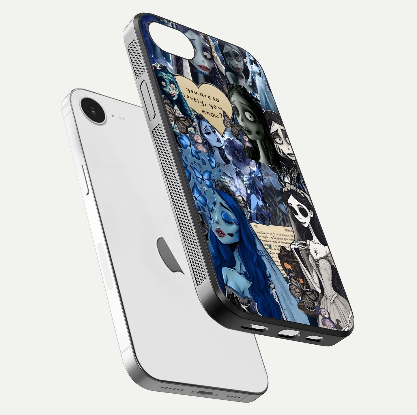 Corpse Bride Posters Glass Case for iPhone 16e floating mockup showing shine texture and clear design