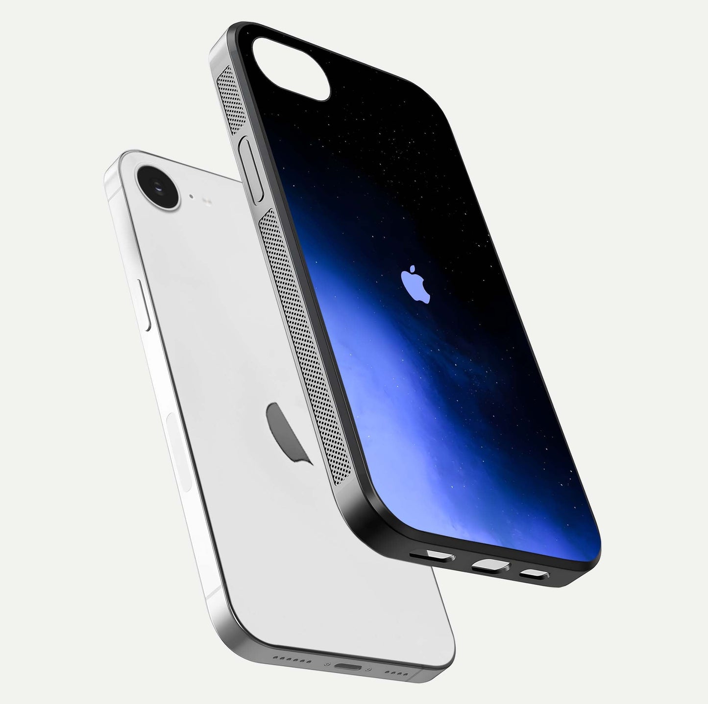 Cosmic Blue Apple Glass Case for iPhone 16e floating mockup showing HD gloss and deep space gradient