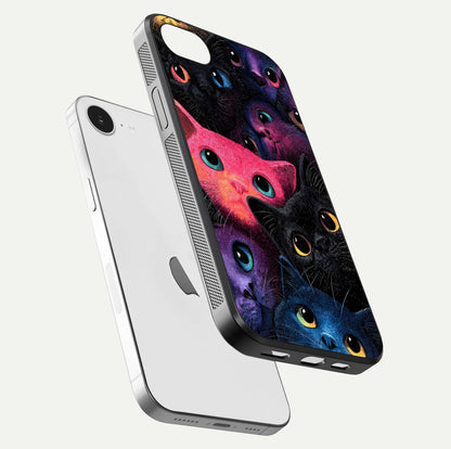 Cosmic Cats Dreams Glass Case for iPhone 16e floating mockup showing star details and polish reflection