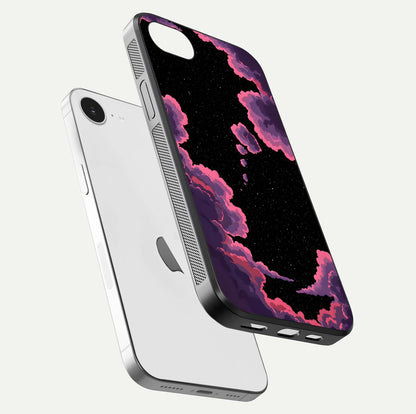 Cosmic Cloud Journey Glass Case for iPhone 16e floating mockup showing HD gloss and cosmic gradient