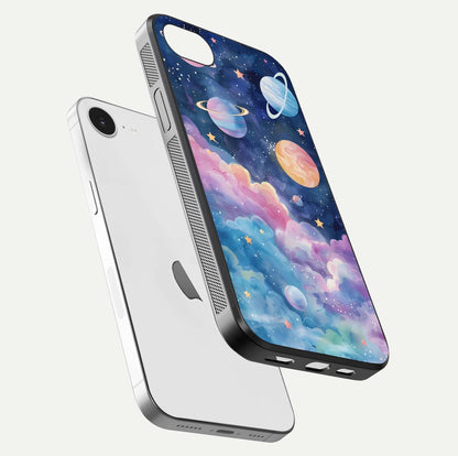 Cosmic Planet Dreams Glass Case for iPhone 16e floating mockup showing HD gloss and cosmic reflection