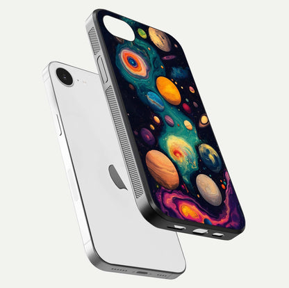 Cosmic Planet Journey Glass Case for iPhone 16e floating mockup showing gloss gradient and deep shine
