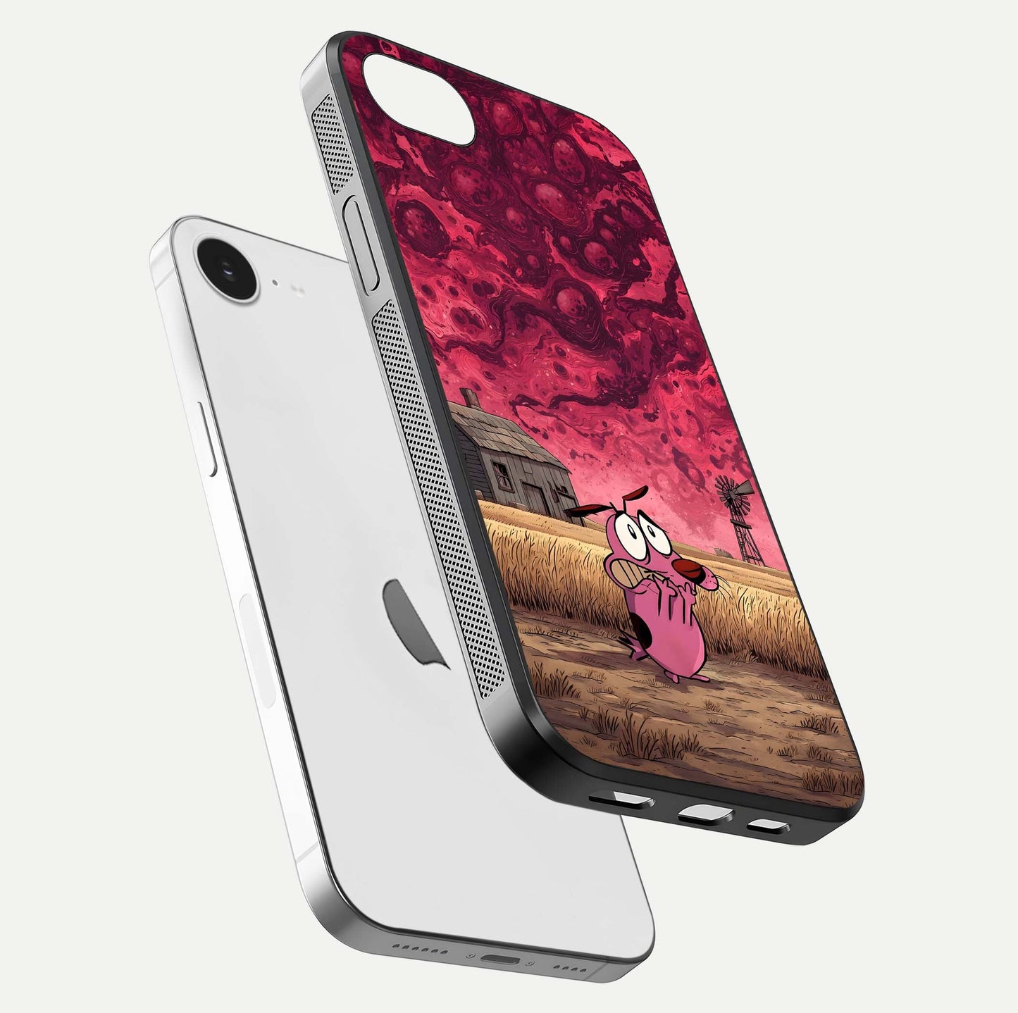 Courage Under Sky Glass Case for iPhone 16e floating mockup showing shine reflection and clean edges