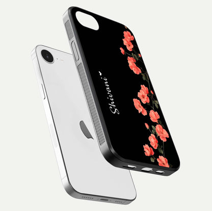 Crimson Bloom Grace Custom Name Glass Case for iPhone 16e floating mockup showing HD gloss and floral tones