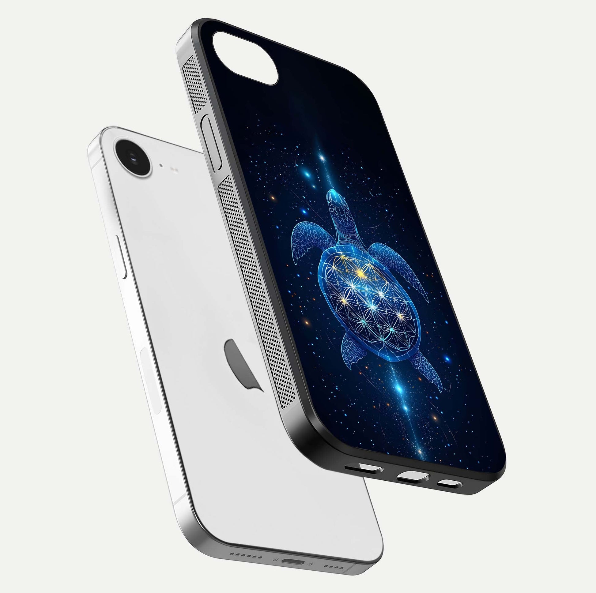 Crimson Blue Turtle Glass Case for iPhone 16e floating mockup showing reflection polish and deep hues