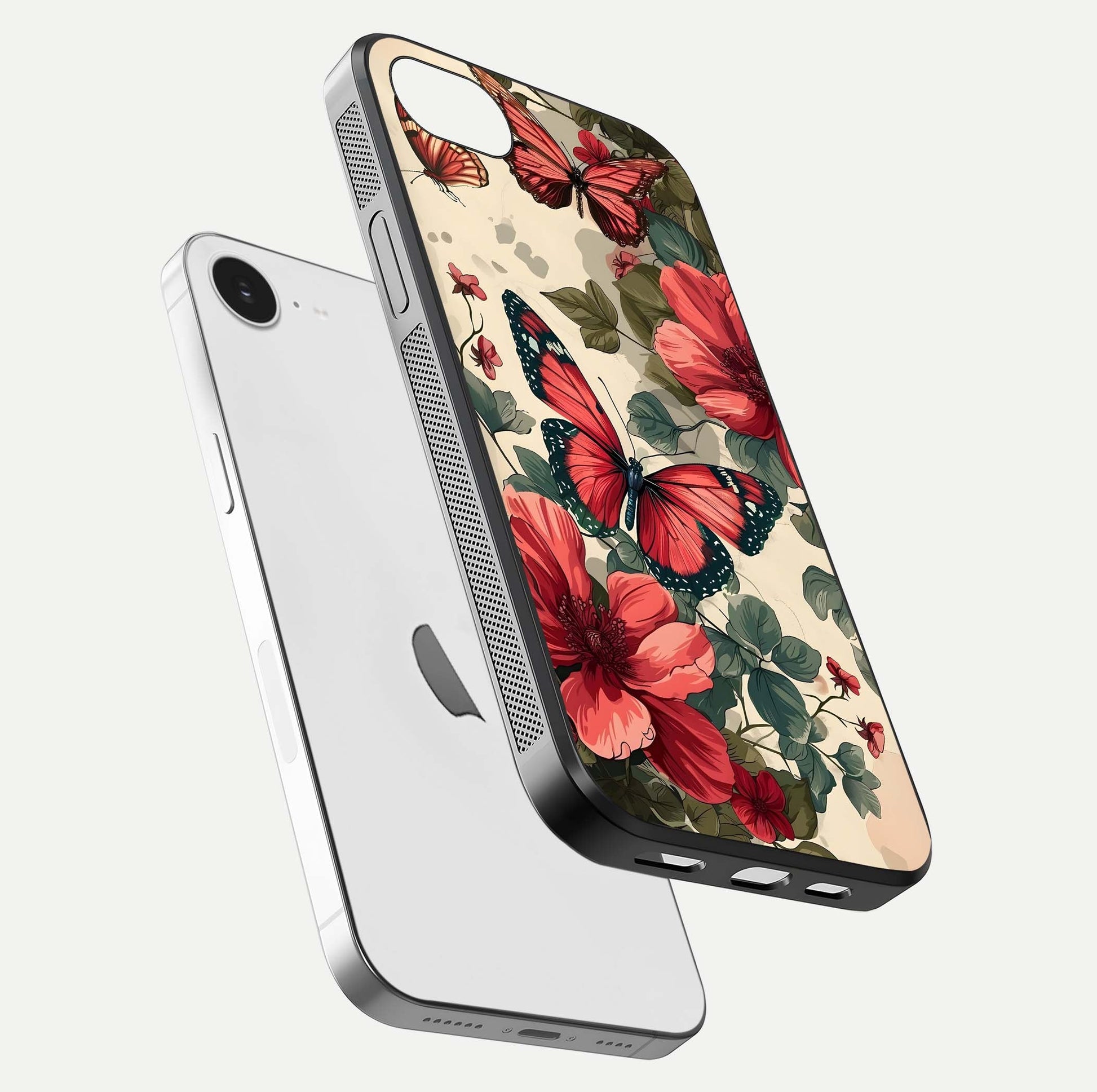 Crimson Butterfly Garden Glass Case for iPhone 16e floating mockup showing HD gloss and vivid art
