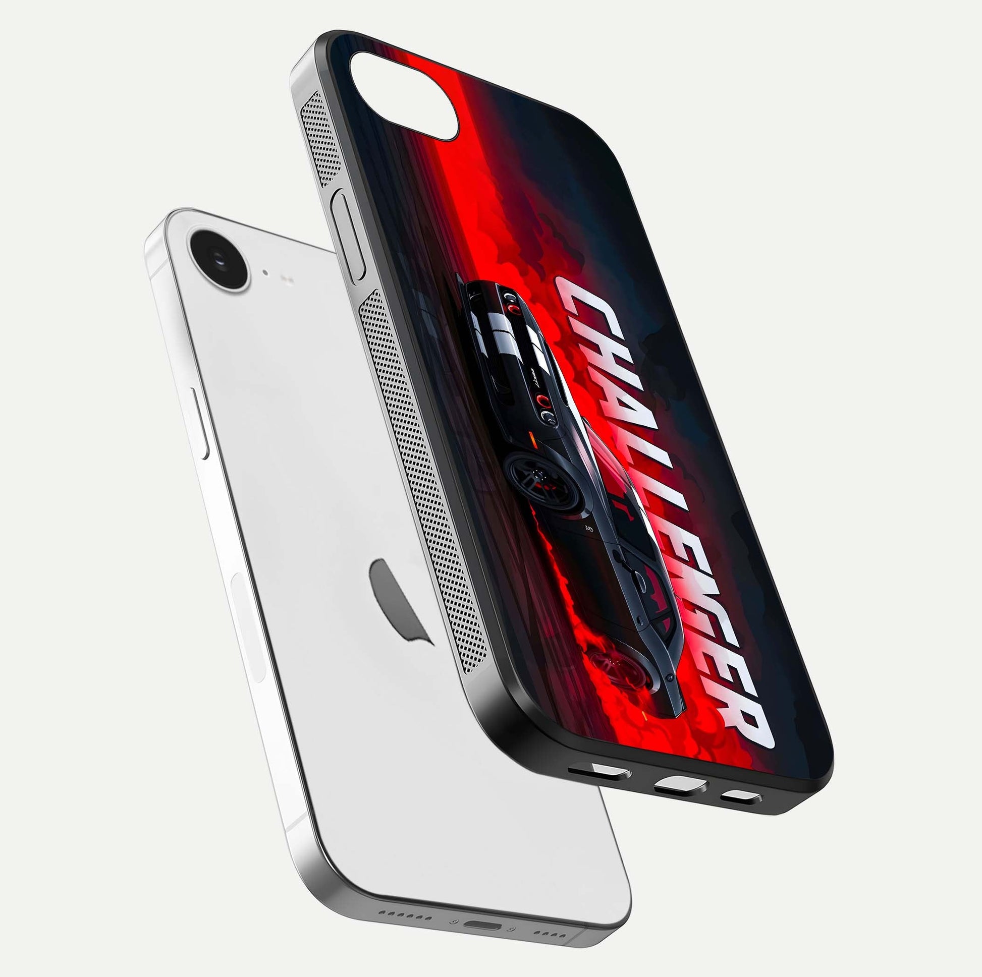 Crimson Challenger Fury Glass Case for iPhone 16e floating mockup showing HD gloss and sleek shine