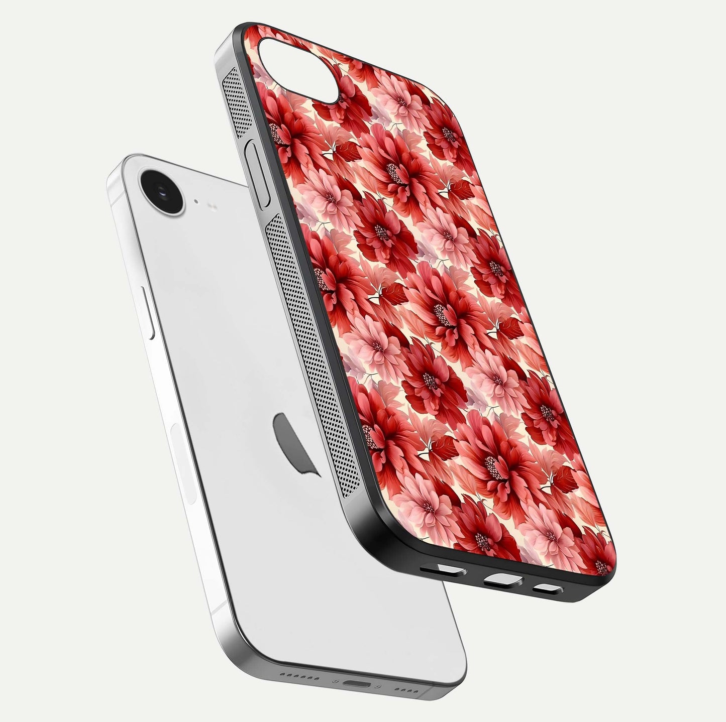 Crimson Love Petals Glass Case for iPhone 16e floating mockup showing HD gloss and vivid detail