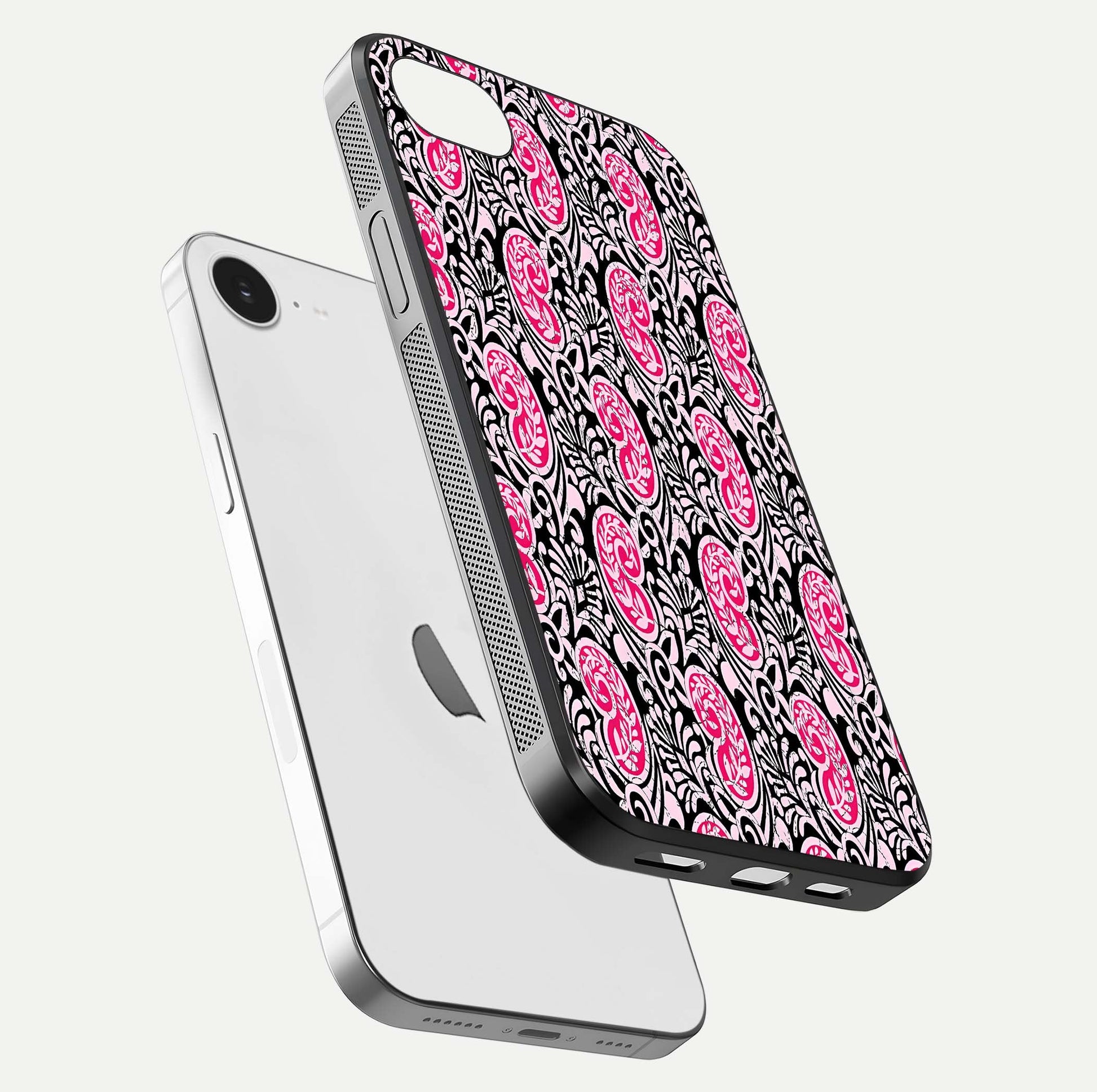 Crimson Paisley Charm Glass Case for iPhone 16e floating mockup showing gloss shine and texture clarity