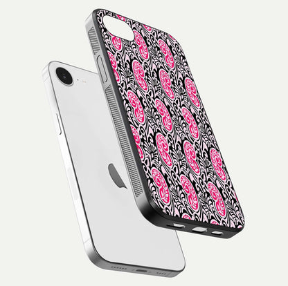 Crimson Paisley Charm Glass Case for iPhone 16e floating mockup showing gloss shine and texture clarity