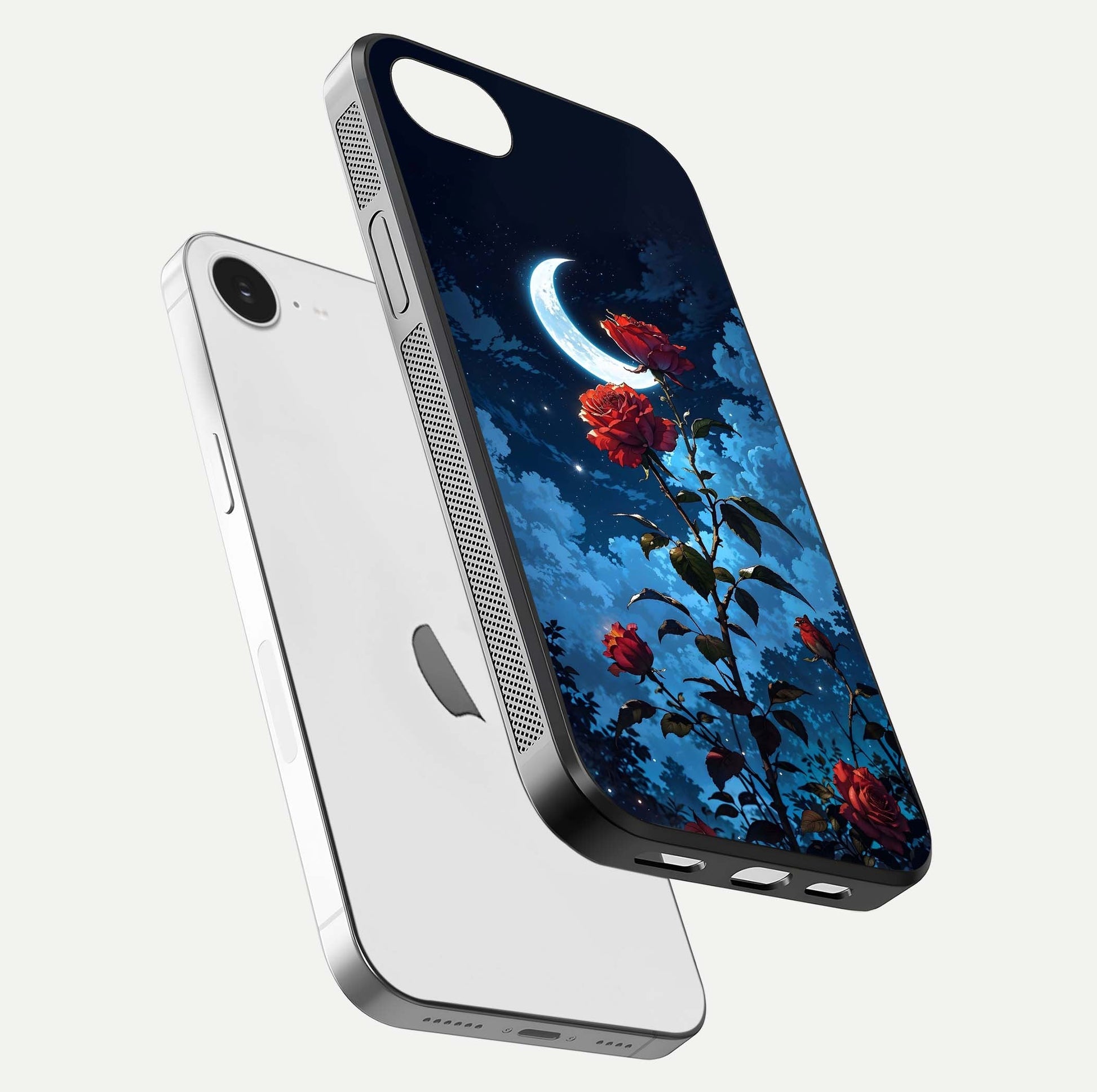 Crimson Rose Moon Glass Case for iPhone 16e floating mockup showing HD shine and elegant contrast