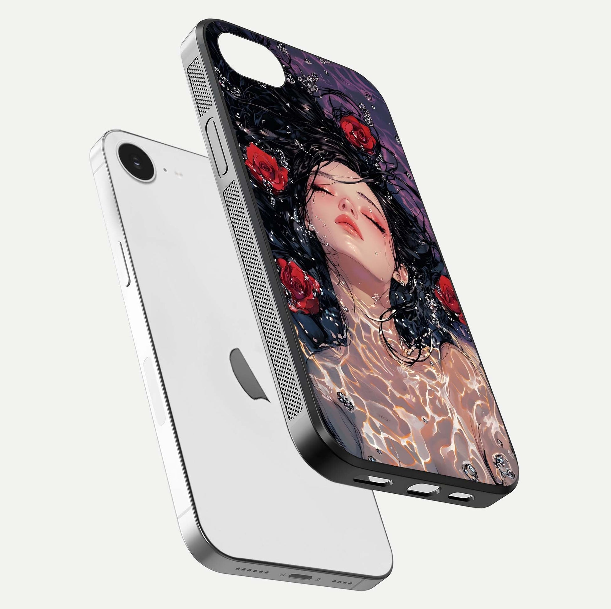 Crimson Rose Serenity Glass Case for iPhone 16e floating mockup showing HD gloss and floral texture