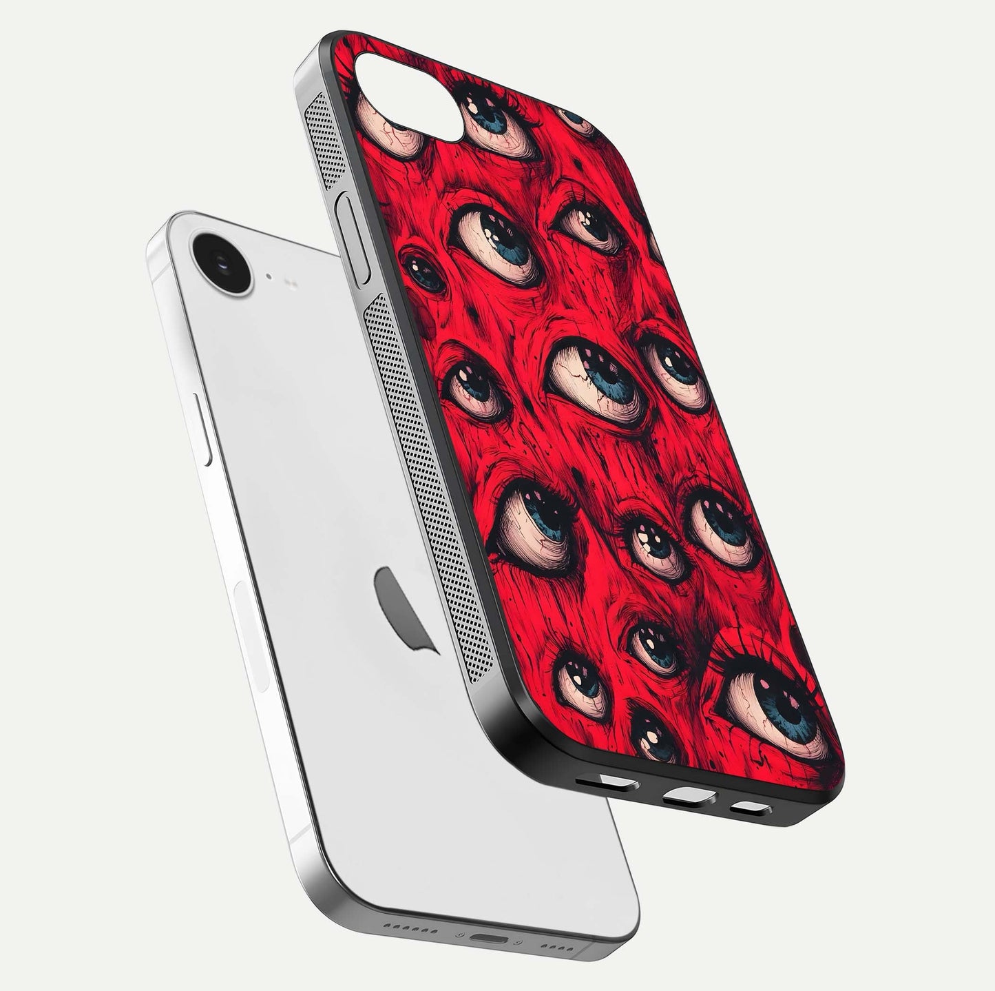 Crimson Watch Eyes Glass Case for iPhone 16e floating mockup showing HD polish and bright gloss