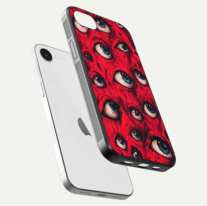 Crimson Watch Eyes Glass Case for iPhone 16e floating mockup showing HD polish and bright gloss