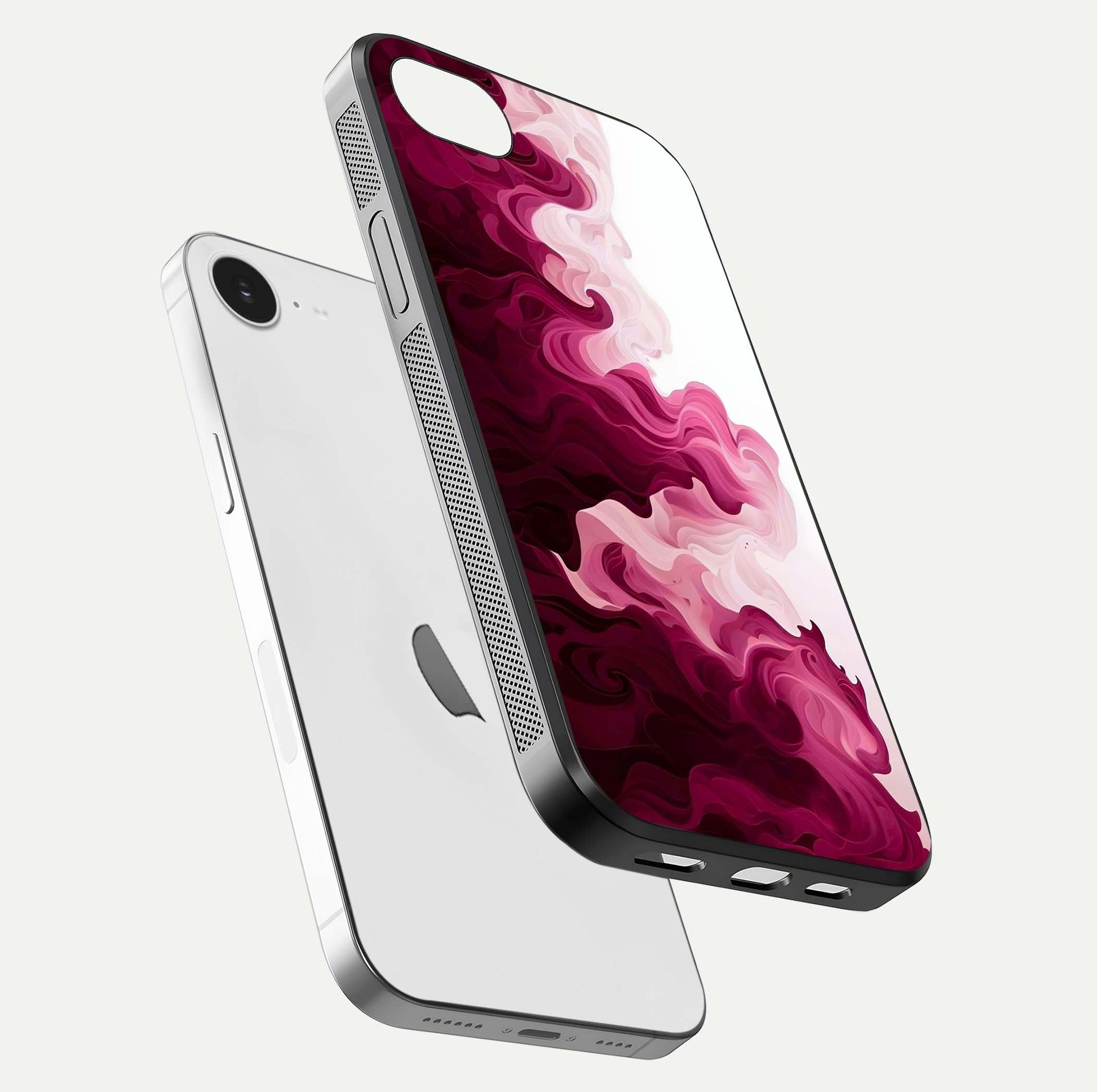 Crimson Wave Flow Glass Case for iPhone 16e floating mockup showing gloss shine and smooth edge