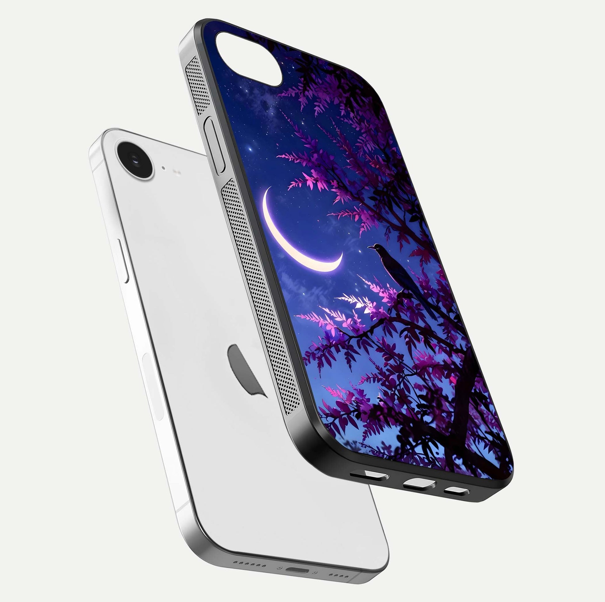 Crow & Moon Scenery Glass Case for iPhone 16e floating mockup showing HD gloss texture and soft moonlight glow