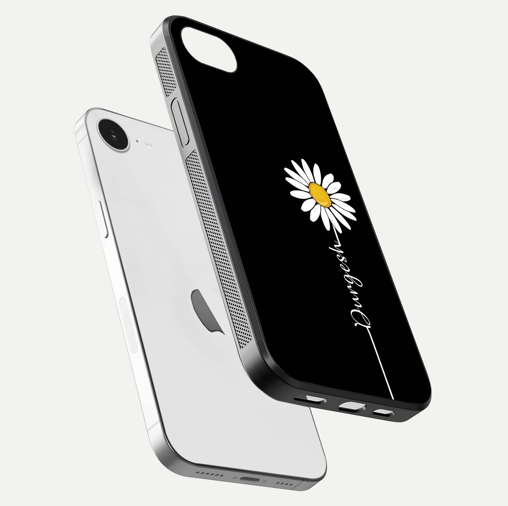 Custom Name White Flower Glass Case for iPhone 16e floating mockup displaying HD gloss and delicate texture