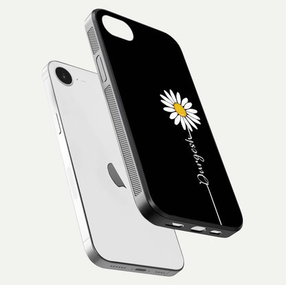 Custom Name White Flower Glass Case for iPhone 16e floating mockup displaying HD gloss and delicate texture