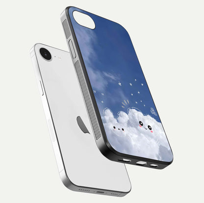Cute Blossom Cloud Glass Case for iPhone 16e floating mockup showing HD shine and soft gradient finish