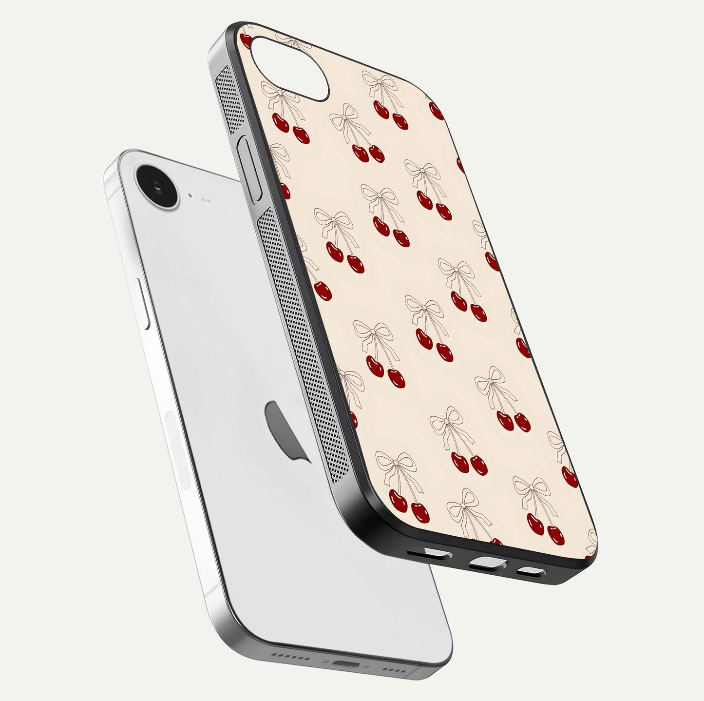 Cute Cherry Pattern Glass Case for iPhone 16e floating mockup showing HD gloss shine and clear tones
