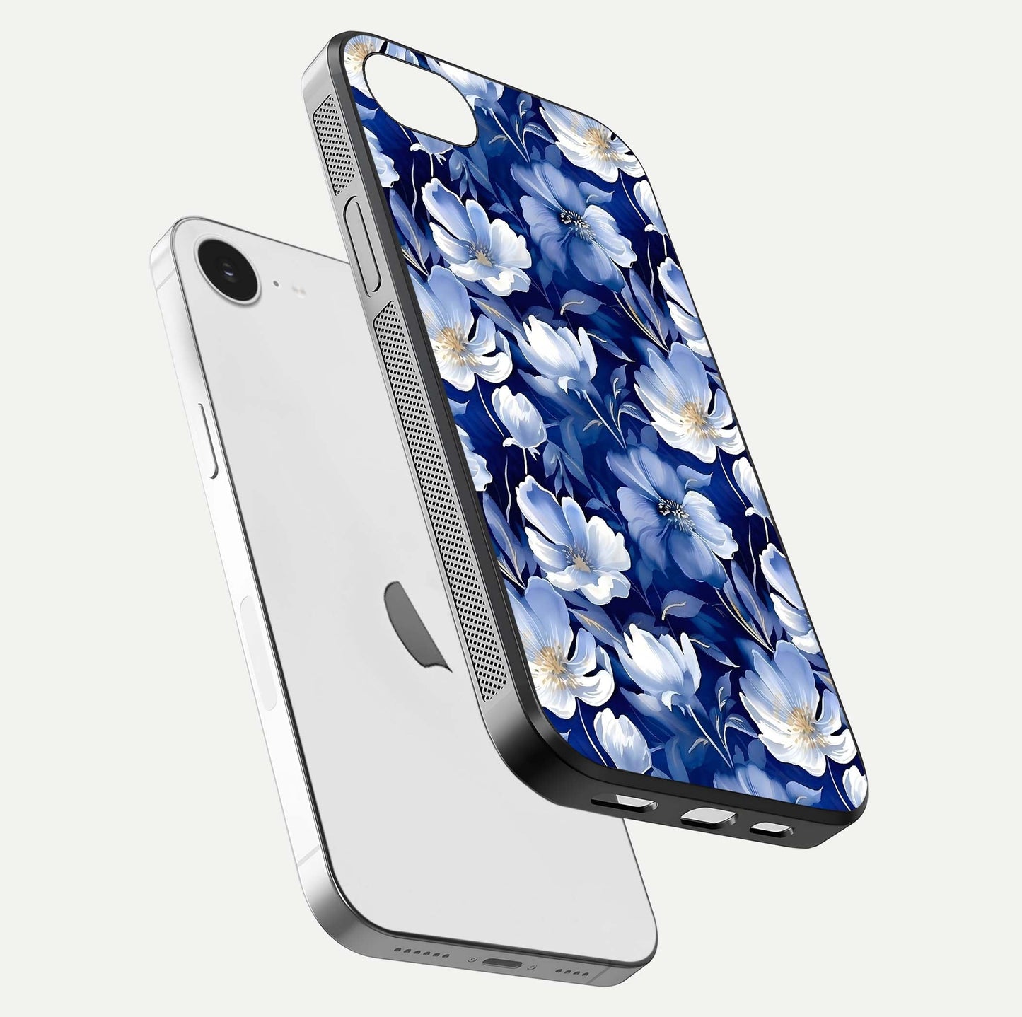 Cute Floral Patterns Glass Case for iPhone 16e floating mockup showing shine depth and design clarity