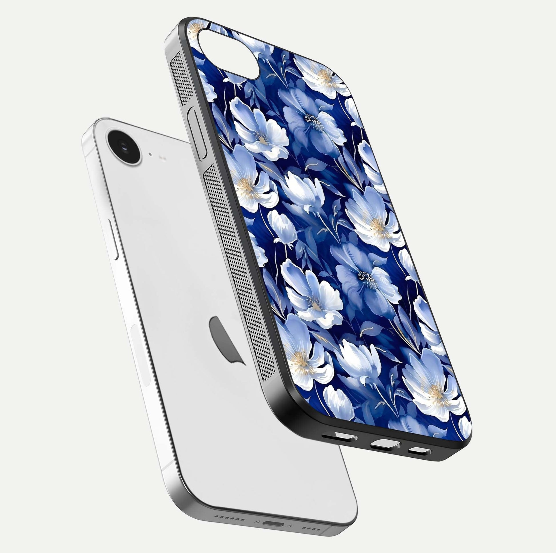 Cute Floral Patterns Glass Case for iPhone 16e floating mockup showing shine depth and design clarity