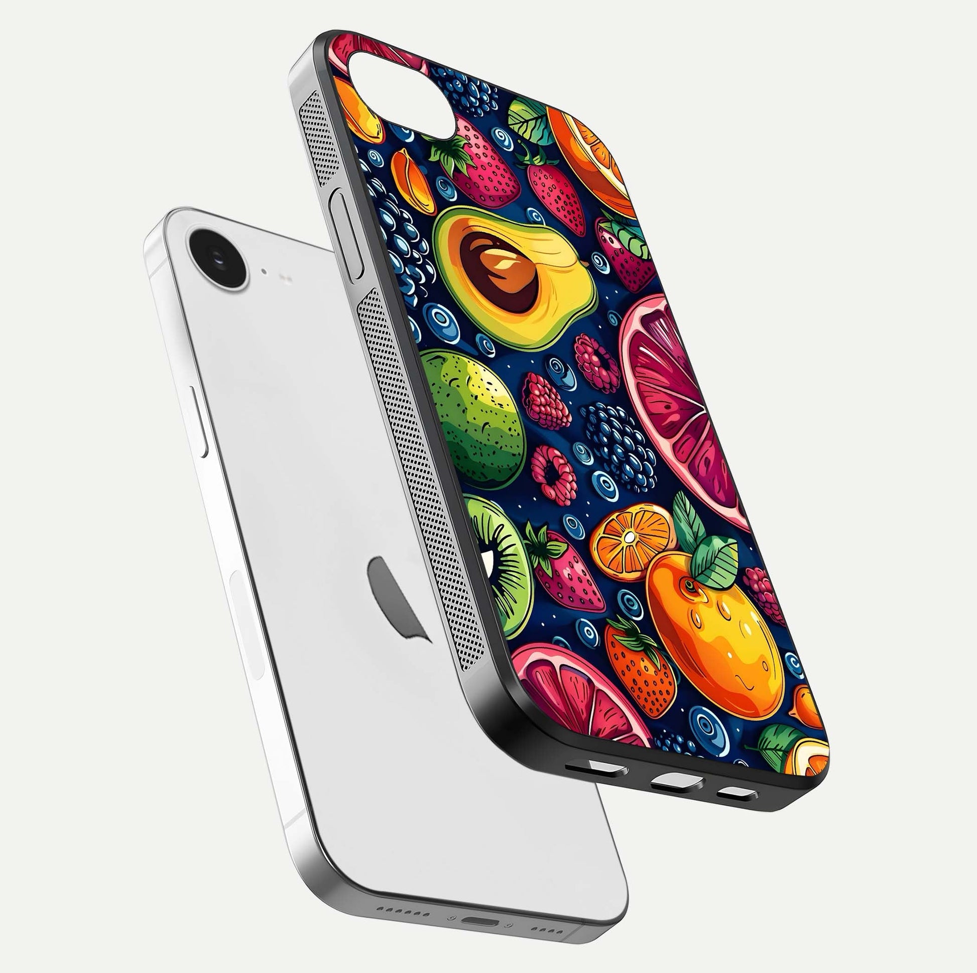 Cute Fruits Art Glass Case for iPhone 16e floating mockup showing gloss brightness and vivid artwork