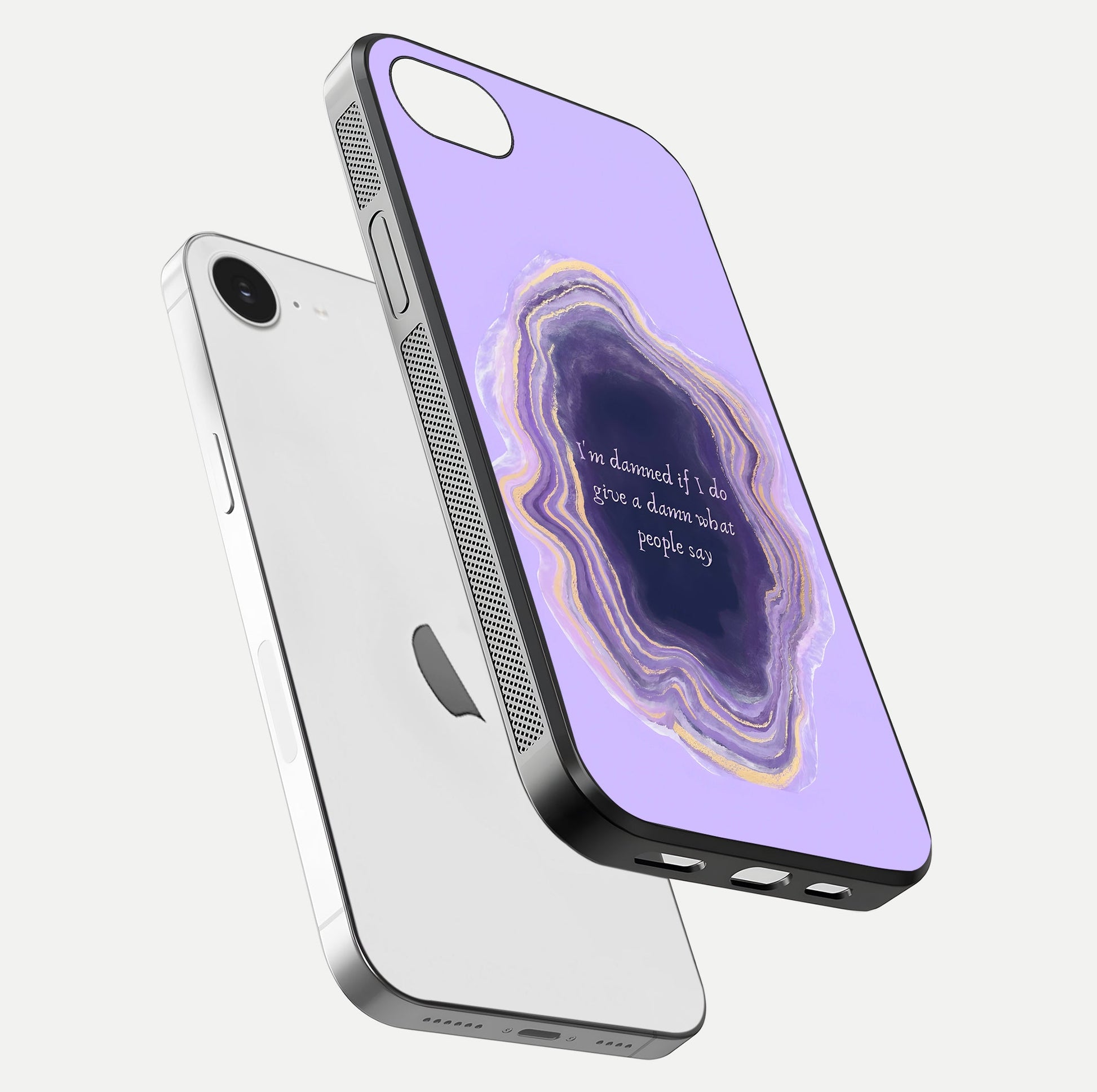 Damned People Quote Glass Case for iPhone 16e floating mockup showing gloss reflection and text balance