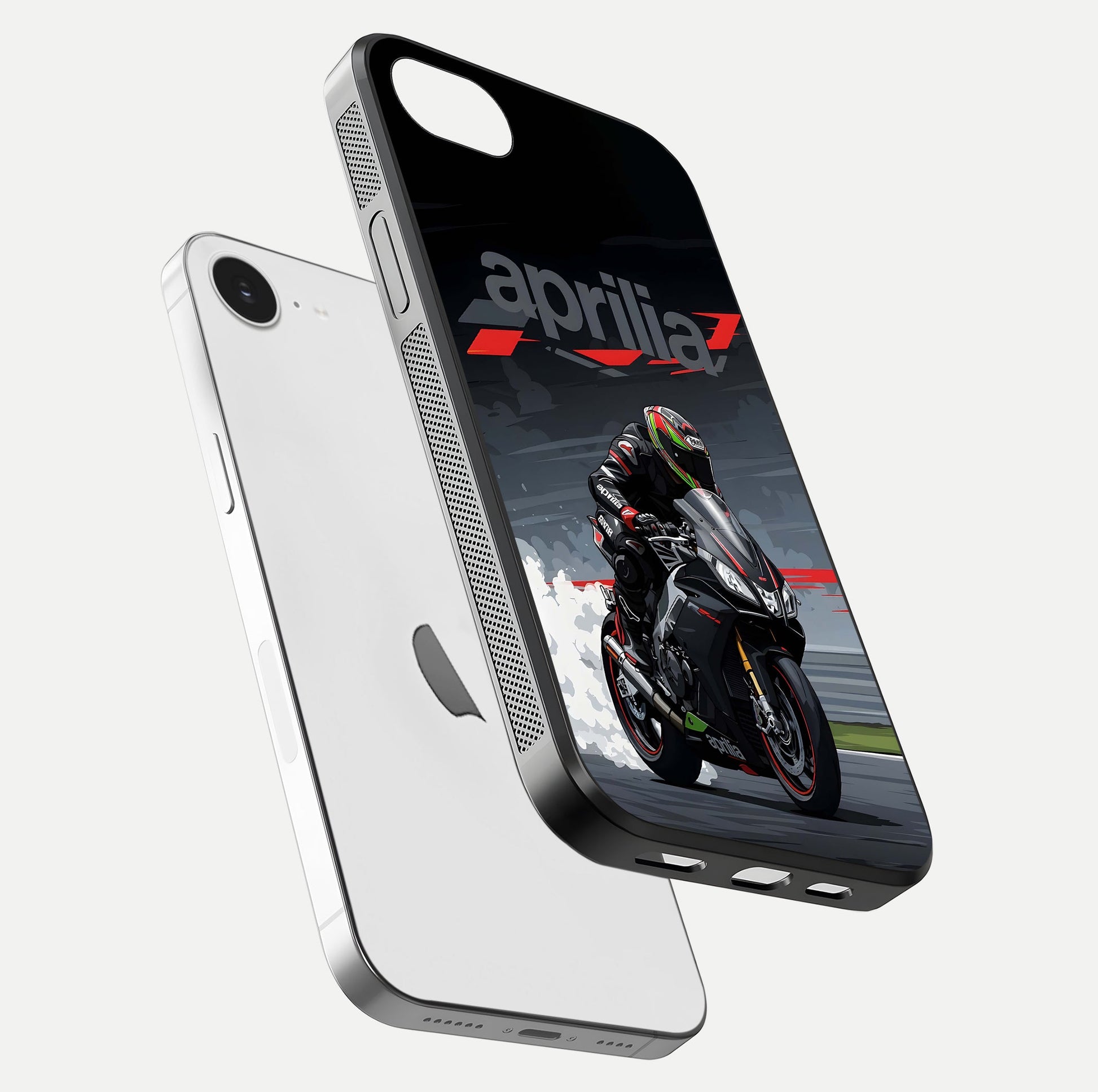 Dark Aprilla Glass Case for iPhone 16e floating mockup showing glossy contrast and texture clarity