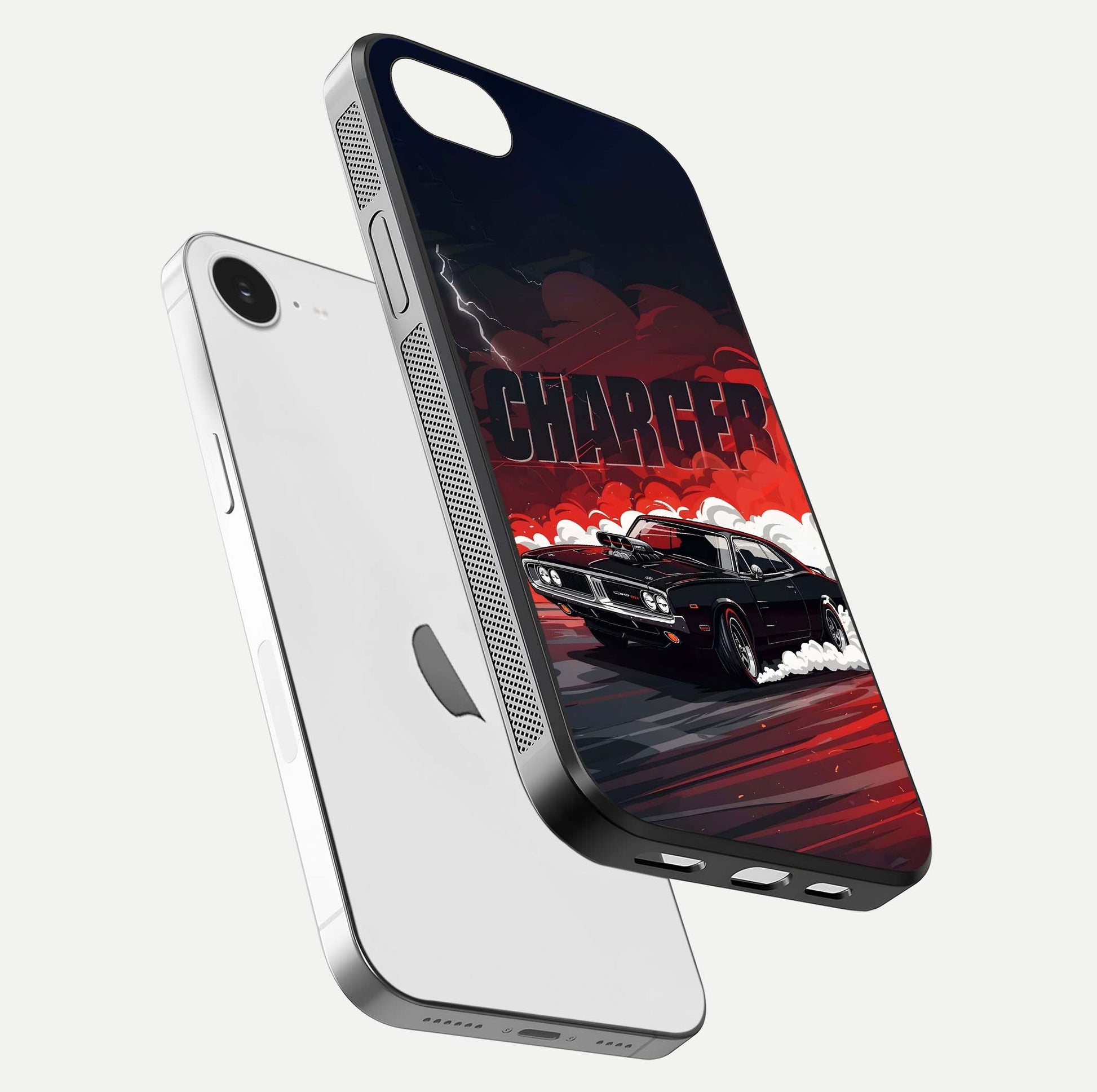 Dark Charger Fury Glass Case for iPhone 16e floating mockup showing reflection depth and shiny surface