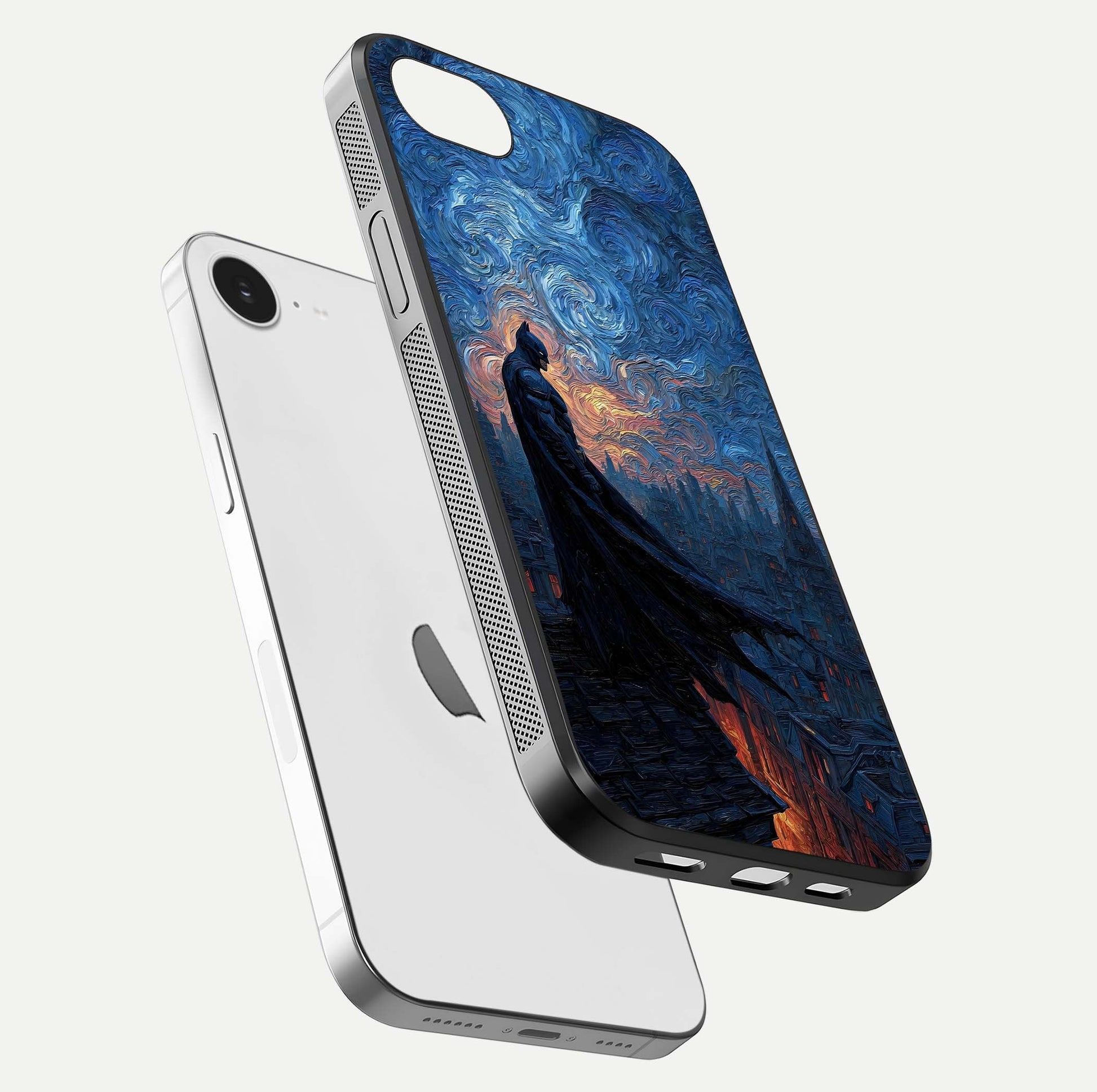 Dark Knight Dusk Glass Case for iPhone 16e floating mockup showing glossy depth and cinematic lighting