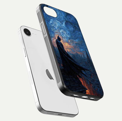 Dark Knight Dusk Glass Case for iPhone 16e floating mockup showing glossy depth and cinematic lighting