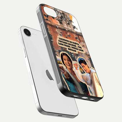 Desi Retro Vibes Glass Case for iPhone 16e floating mockup showing shine polish and vivid tones