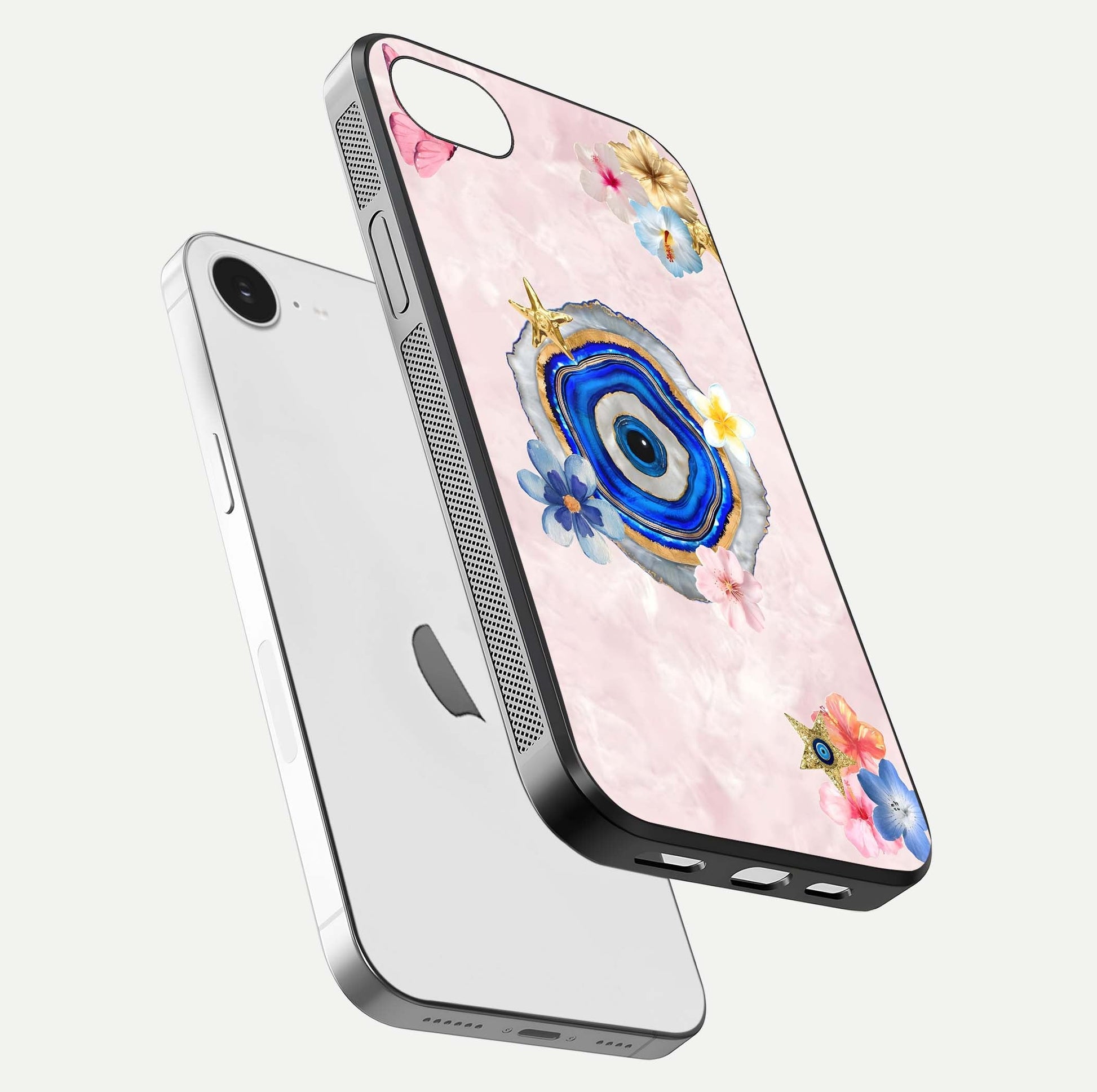 Divine Aura Bloom Glass Case for iPhone 16e floating mockup showing gloss texture and elegant design