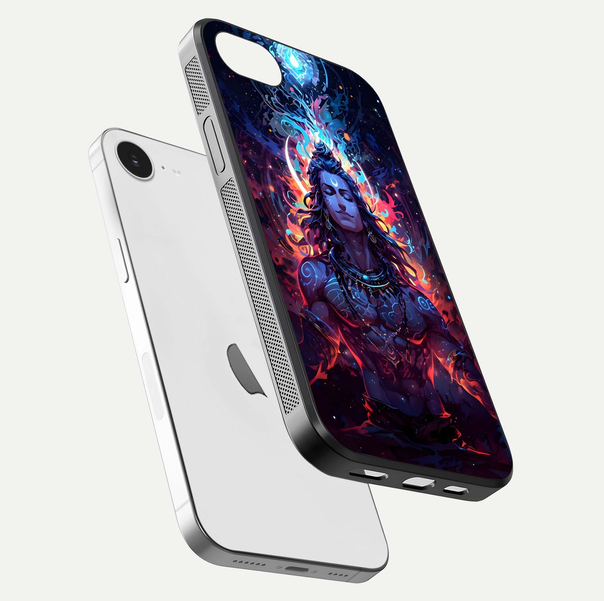 Divine Fire Shiv Glass Case for iPhone 16e floating mockup showing glow texture and gloss finish