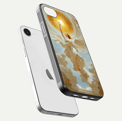 Divine Light Angel Glass Case for iPhone 16e floating mockup showing gloss texture and radiant light