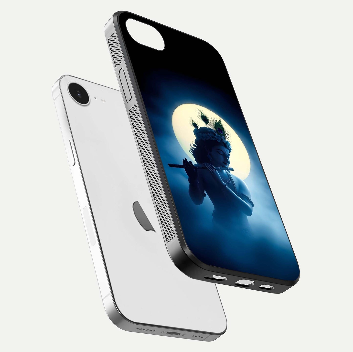 Divine Moon Flute Glass Case for iPhone 16e floating mockup showing HD gloss and luminous texture