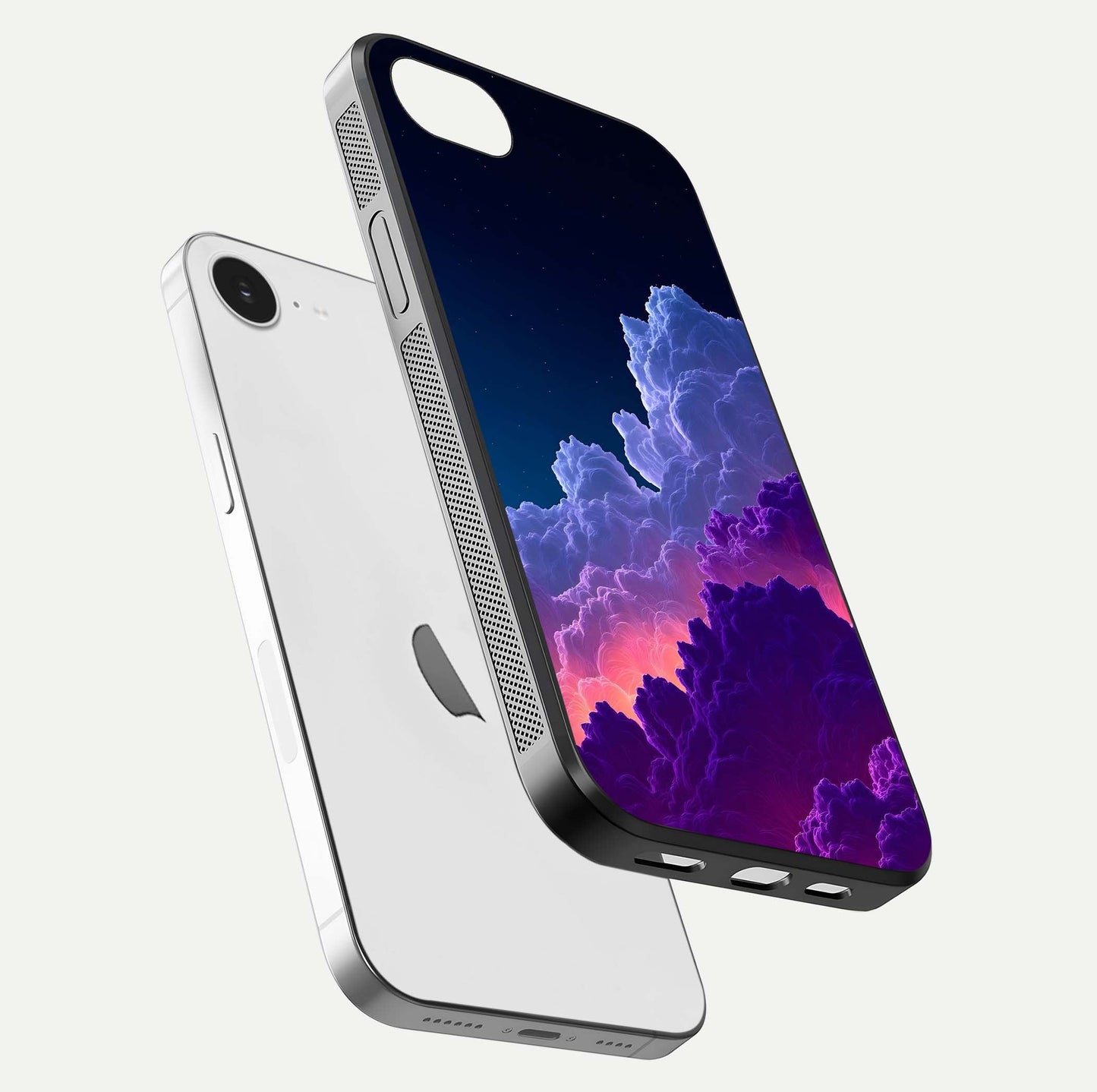 Dreamy Cloud Skies Glass Case for iPhone 16e floating mockup showing glossy depth and delicate tone