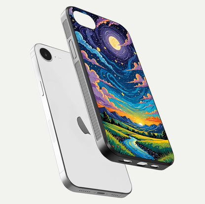 Dreamy Night Landscape Glass Case for iPhone 16e floating mockup showing glossy depth and serene color