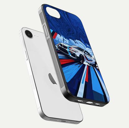 Drift Power Rush Glass Case for iPhone 16e floating mockup showing gloss polish and speed-theme design