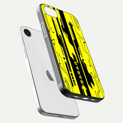 Electric Pulse CYBERPUNK Custom Name Glass Case for iPhone 16e floating mockup showing HD gloss and vibrant cyberpunk glow