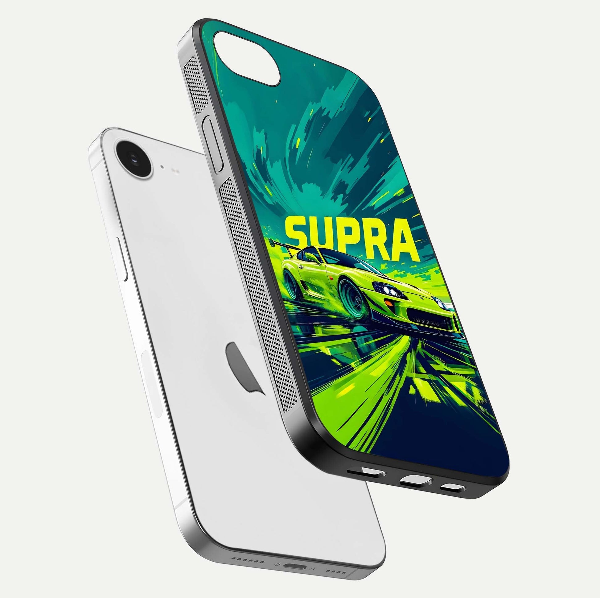 Electric Supra Thunder Glass Case for iPhone 16e floating mockup showing gloss depth and energy glow
