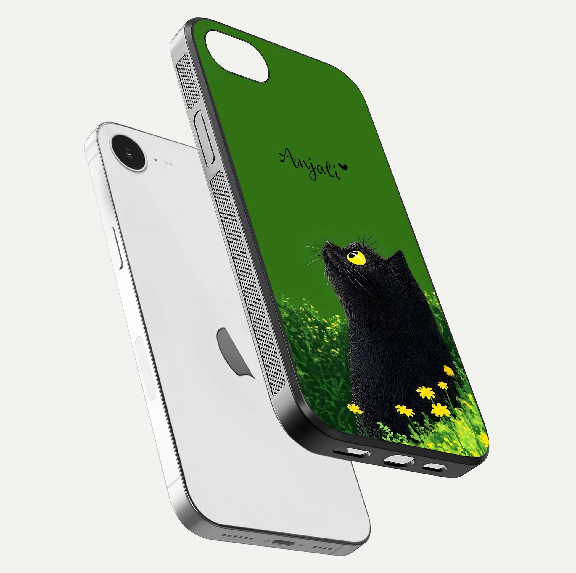 Emerald Cat Custom Name Glass Case for iPhone 16e floating mockup showing HD gloss and soft gradient