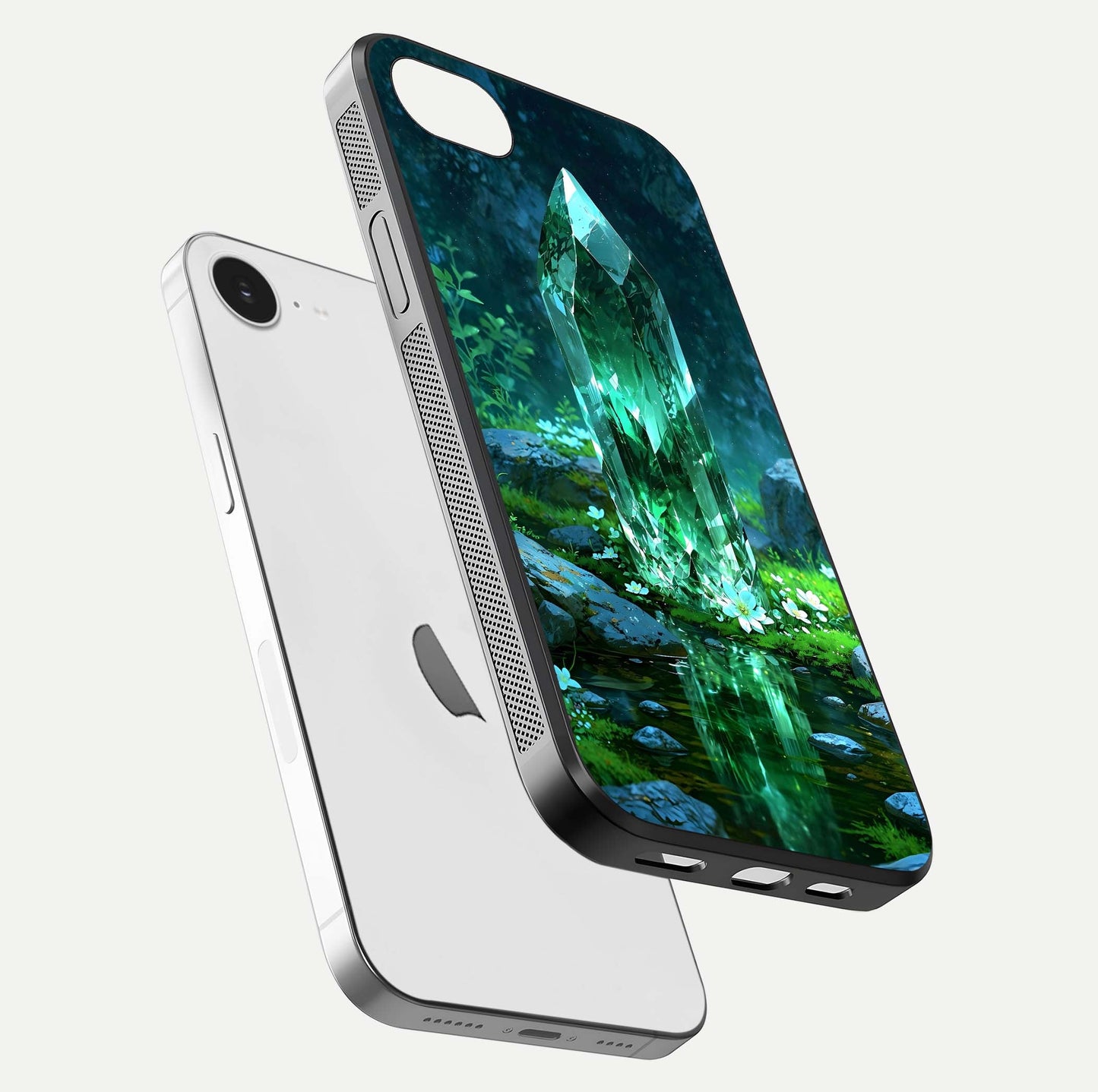 Emerald Light Crystal Glass Case for iPhone 16e floating mockup showing glossy finish and radiant light pattern