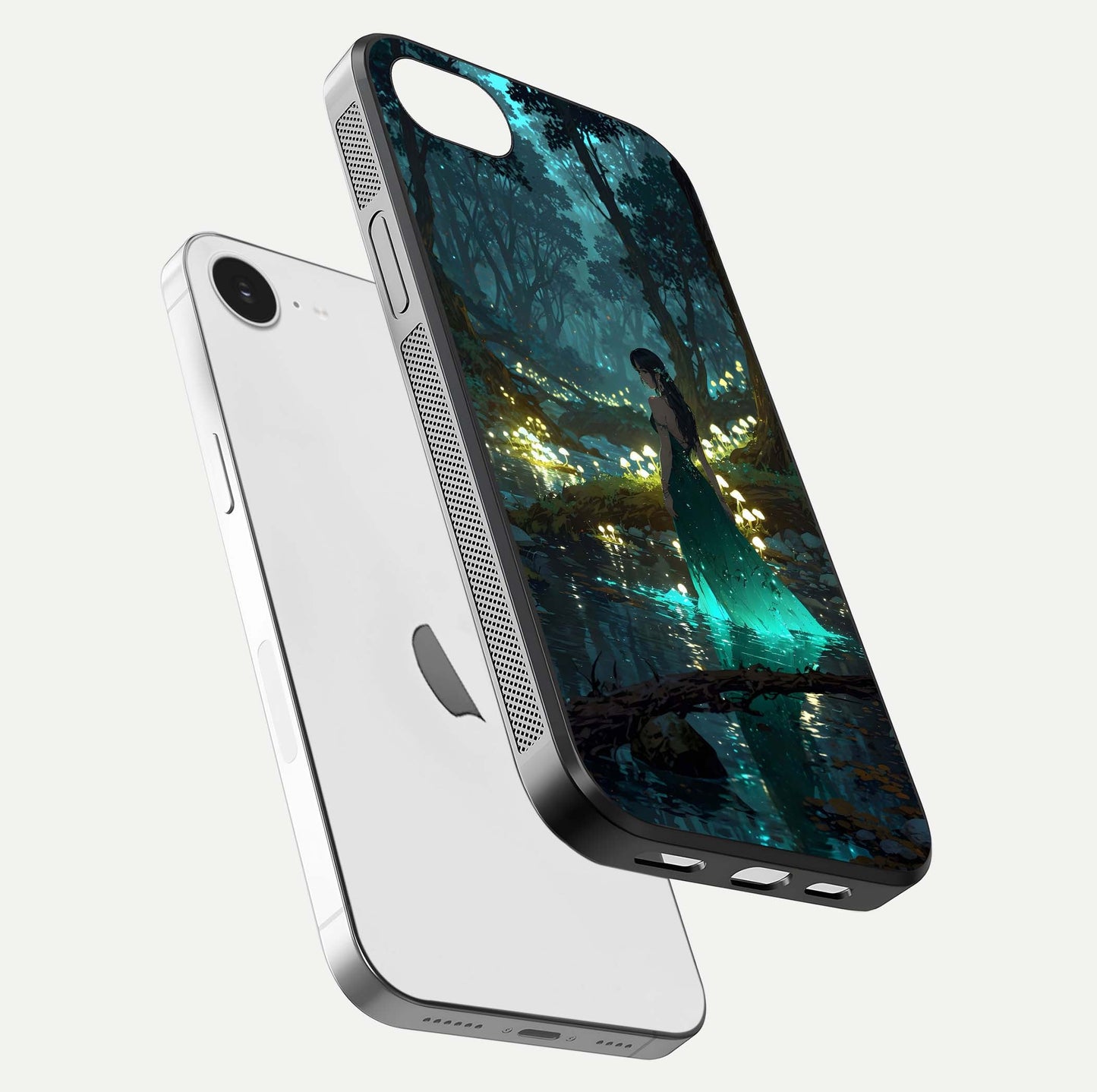 Enchanted Forest Glow Glass Case for iPhone 16e floating mockup showing gloss polish and fantasy vibe