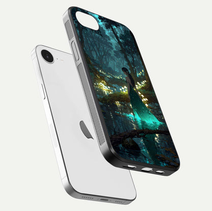 Enchanted Forest Glow Glass Case for iPhone 16e floating mockup showing gloss polish and fantasy vibe