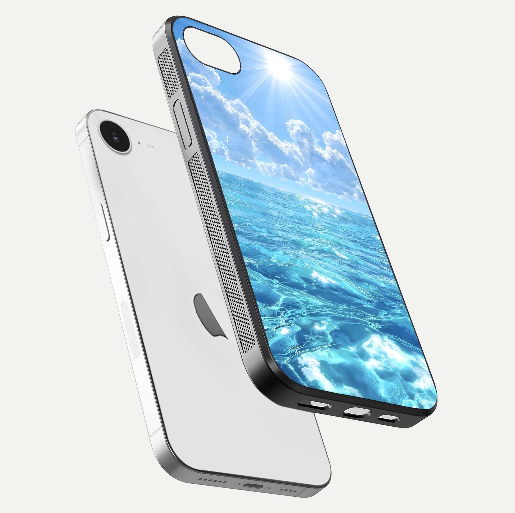 Endless Ocean Horizon Glass Case for iPhone 16e floating mockup showing HD gloss and tranquil color