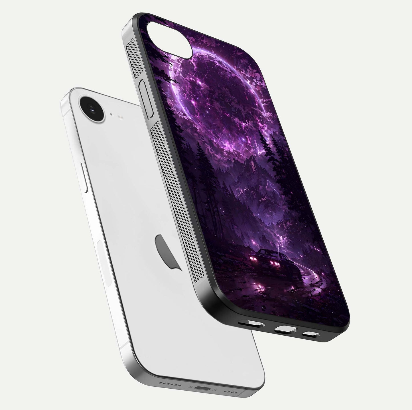 Eternal Cosmic Drive Glass Case for iPhone 16e floating mockup showing glossy polish and vivid glow